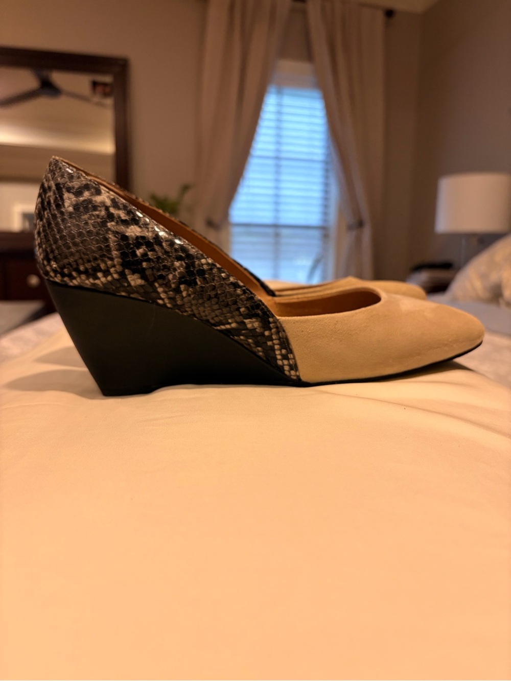 Tahari Beige Suede Wedge with Snake-Print Heel